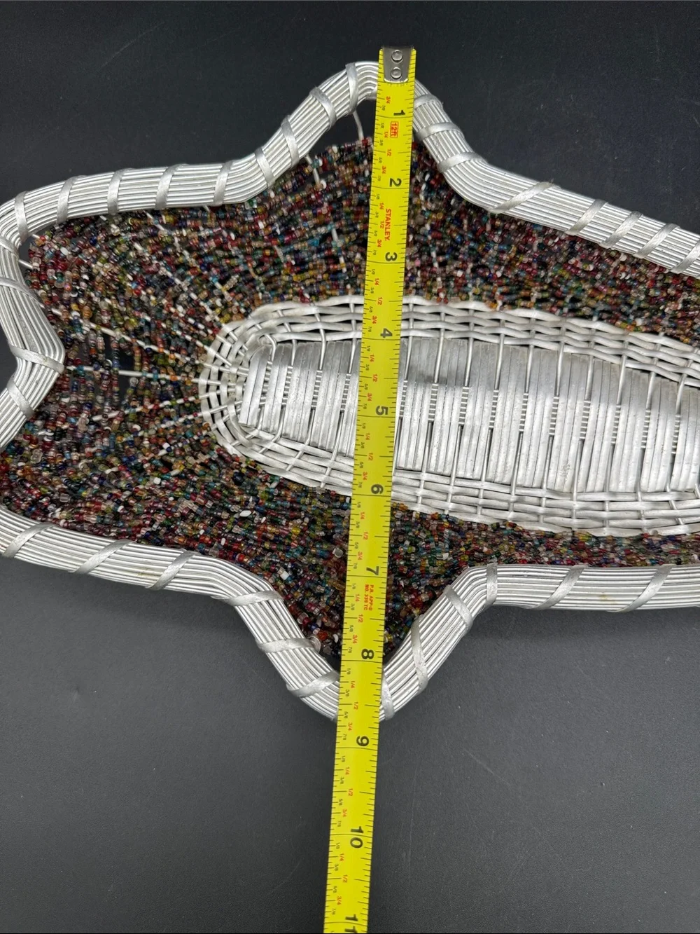 Beaded Fish Shaped Basket Aluminum Wire Wrapped Multicolor Seed Beads 16” x 9”